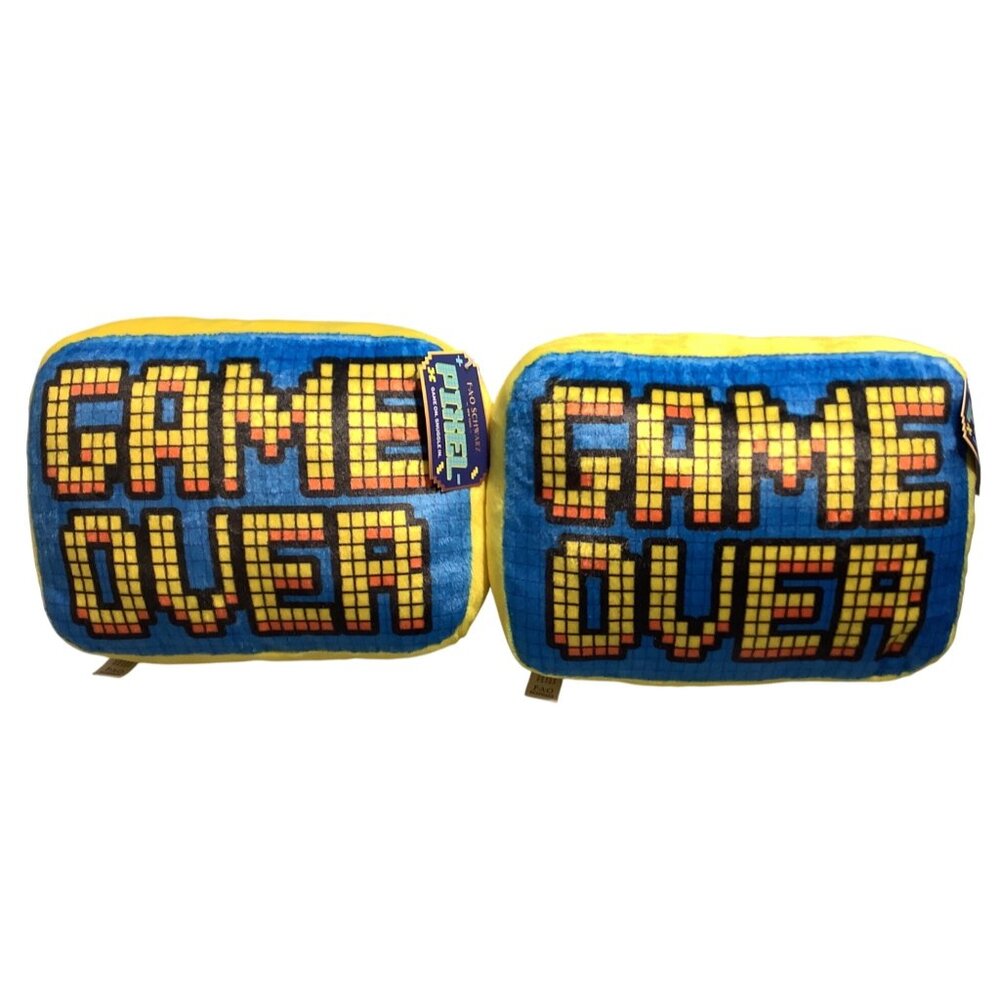 2 FAO Schwarz Game Over Pixel Art Decorative Plush Pillow Set 11"x 8" x 5"